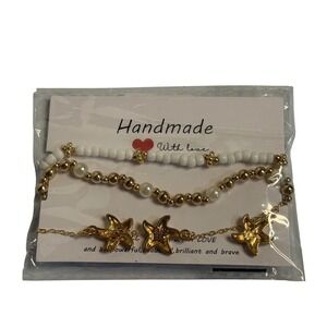 Reyife Ankle Bracelet 3pc Set Gold White Starfish‎ Cowrie Shell Boho Chic Anklet